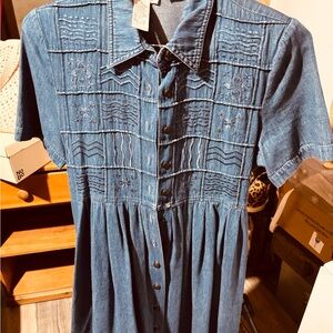 Blue Button-Up Denim Dress petite